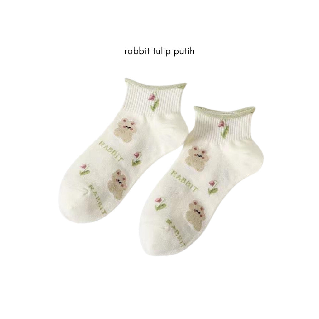 [littlecrab] Kaos Kaki Pendek Motif Flora Bunga Tulip Beruang Rabbit Short Socks Hijau Putih