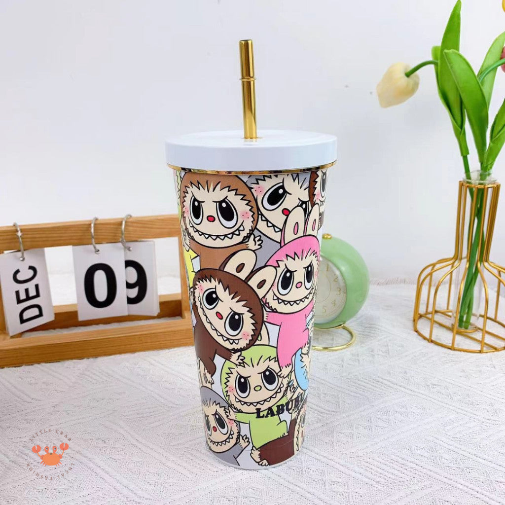 [littlecrab] Tumbler Labubu Termos Cafe Sedotan High Quality Stainless Steel Tahan Panas Dingin 750ml Botol Air Minum Tumblr