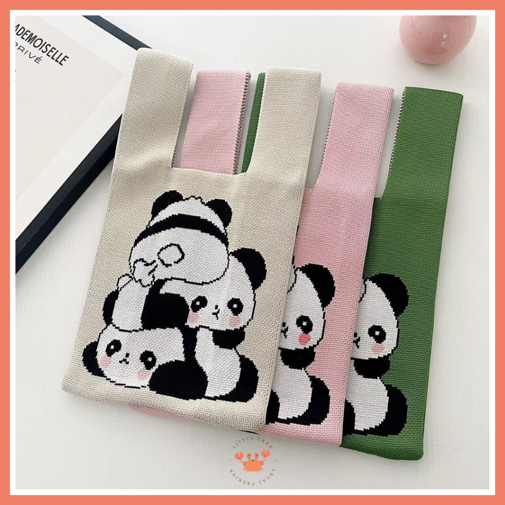 [littlecrab] Tas Rajut Motif Panda Kucing Warna Soft Pastel Lucu Unik Knit Bag Knot Mini Totebag