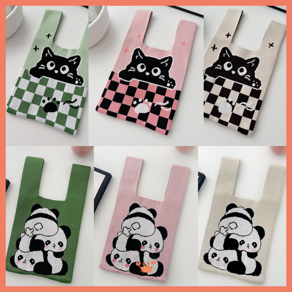 [littlecrab] Tas Rajut Motif Panda Kucing Warna Soft Pastel Lucu Unik Knit Bag Knot Mini Totebag
