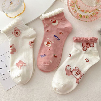 [littlecrab] Kaos Kaki Pendek Lotso Beruang Pink Unik Lucu Cute Short Socks White Full Pattern