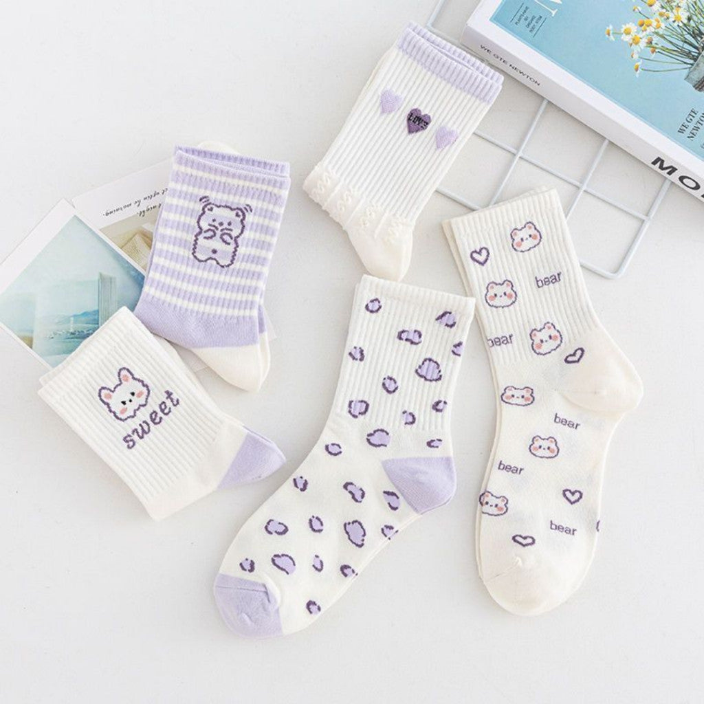 [littlecrab] Kaos Kaki Panjang Lilac Beruang Ungu Putih Unik Lucu Berkualitas Long Socks Aesthetic