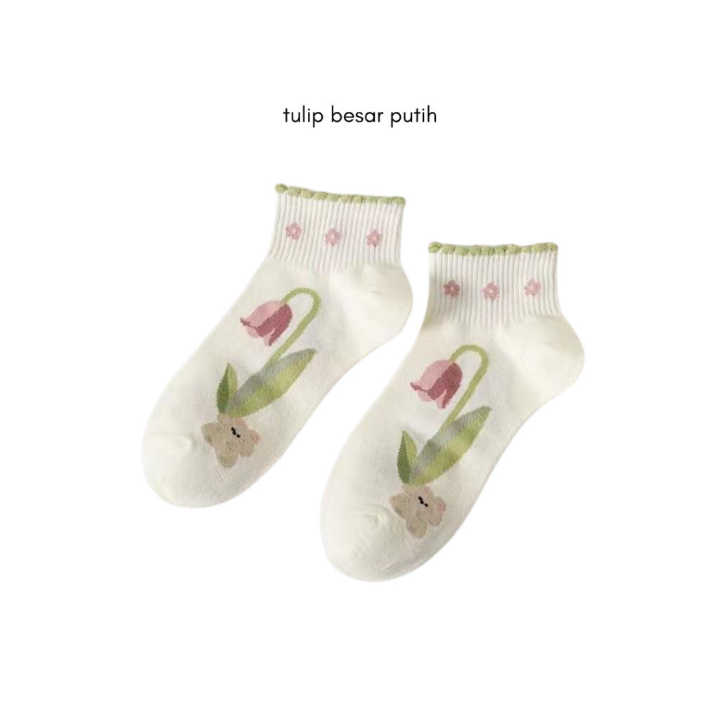 [littlecrab] Kaos Kaki Pendek Motif Flora Bunga Tulip Beruang Rabbit Short Socks Hijau Putih