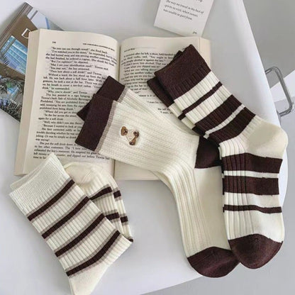 [littlecrab] Kaos Kaki Panjang Hitam Putih Cream Garis Horizontal Line Long Socks Black White Korean