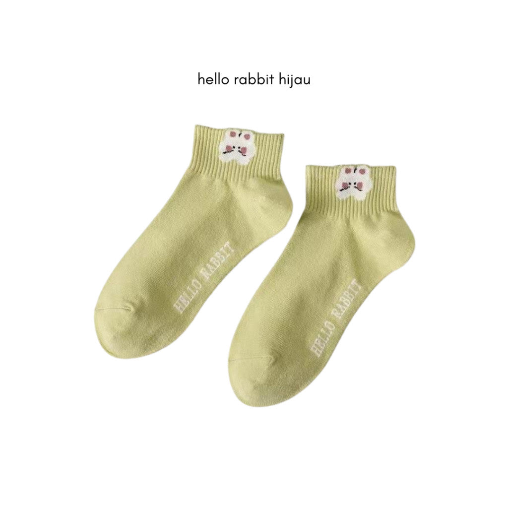 [littlecrab] Kaos Kaki Pendek Motif Flora Bunga Tulip Beruang Rabbit Short Socks Hijau Putih