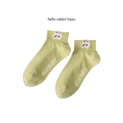 [littlecrab] Kaos Kaki Pendek Motif Flora Bunga Tulip Beruang Rabbit Short Socks Hijau Putih