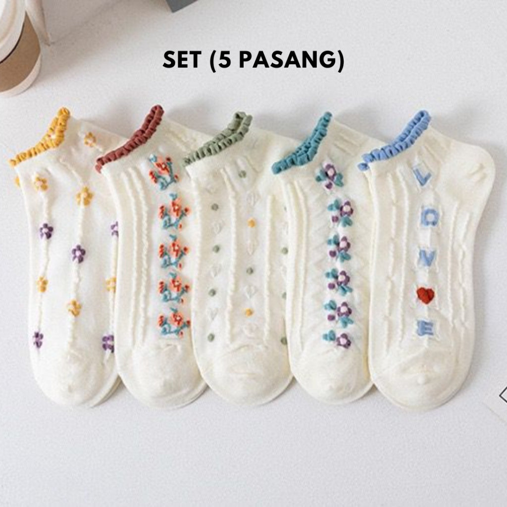 Kaos Kaki Autumn Putih Rajut Bunga Warna Warni Simple Aesthetic Flower Vintage Korean