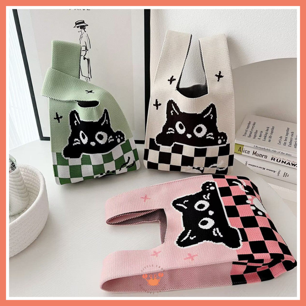 [littlecrab] Tas Rajut Motif Panda Kucing Warna Soft Pastel Lucu Unik Knit Bag Knot Mini Totebag
