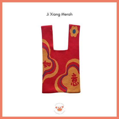 [littlecrab] Tas Rajut Shuang Xi Ji Xiang Ru Yi Merah Cream Knit Bag Mini Tote Bag Knot Buffalow Unik