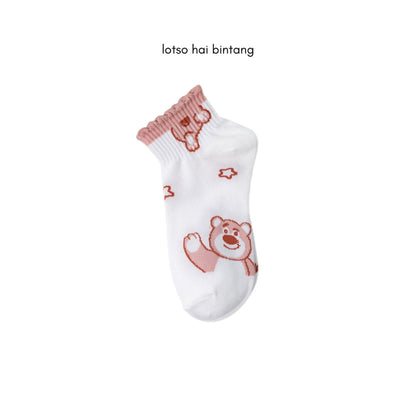 [littlecrab] Kaos Kaki Pendek Lotso Beruang Pink Unik Lucu Cute Short Socks White Full Pattern