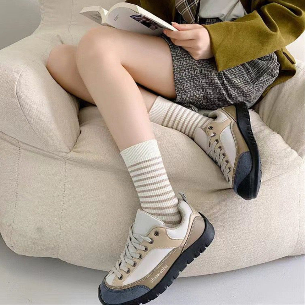 [littlecrab] Kaos Kaki Panjang Hitam Putih Cream Garis Horizontal Line Long Socks Black White Korean