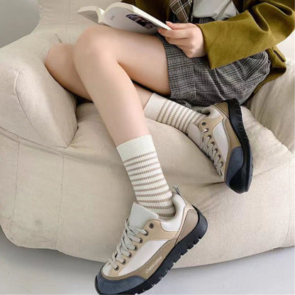 [littlecrab] Kaos Kaki Panjang Hitam Putih Cream Garis Horizontal Line Long Socks Black White Korean