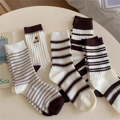 [littlecrab] Kaos Kaki Panjang Hitam Putih Cream Garis Horizontal Line Long Socks Black White Korean