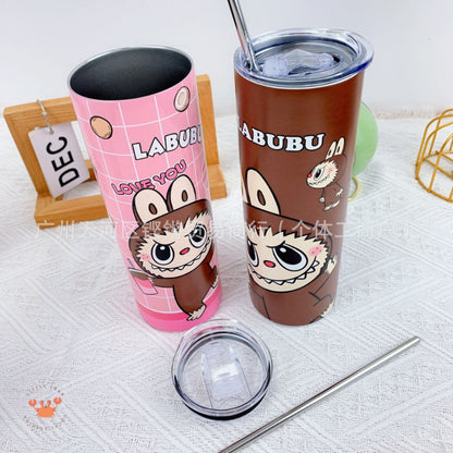 [littlecrab] Tumbler Labubu Termos Cafe Sedotan High Quality Stainless Steel Tahan Panas Dingin 600ml Botol Air Minum Tabung Tumblr Tutup Slide Transparan