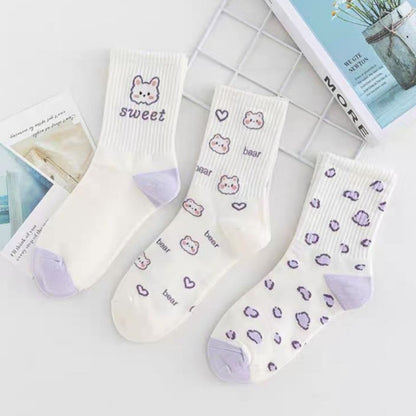 [littlecrab] Kaos Kaki Panjang Lilac Beruang Ungu Putih Unik Lucu Berkualitas Long Socks Aesthetic