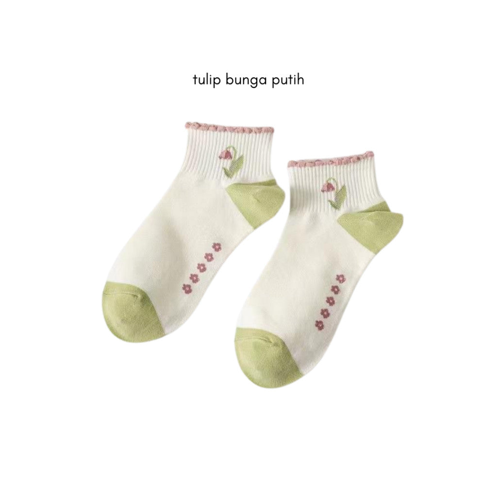 [littlecrab] Kaos Kaki Pendek Motif Flora Bunga Tulip Beruang Rabbit Short Socks Hijau Putih