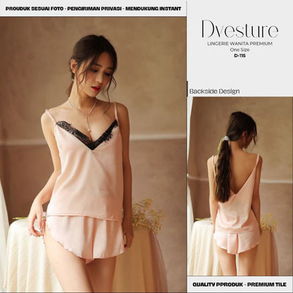 Pekanbaru Lingerie Seksi Set One Size D-115 Setelan Piyama  Silk Satin V Back Style Baju Tidur Wanita Baju Dinas Malam Panjang