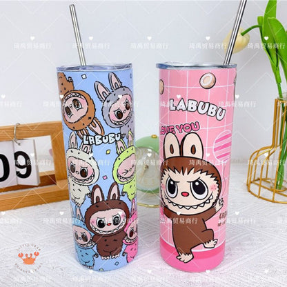 [littlecrab] Tumbler Labubu Termos Cafe Sedotan High Quality Stainless Steel Tahan Panas Dingin 600ml Botol Air Minum Tabung Tumblr Tutup Slide Transparan