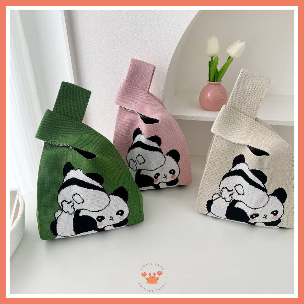 [littlecrab] Tas Rajut Motif Panda Kucing Warna Soft Pastel Lucu Unik Knit Bag Knot Mini Totebag