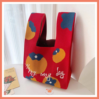 [littlecrab] Tas Rajut Shuang Xi Ji Xiang Ru Yi Merah Cream Knit Bag Mini Tote Bag Knot Buffalow Unik