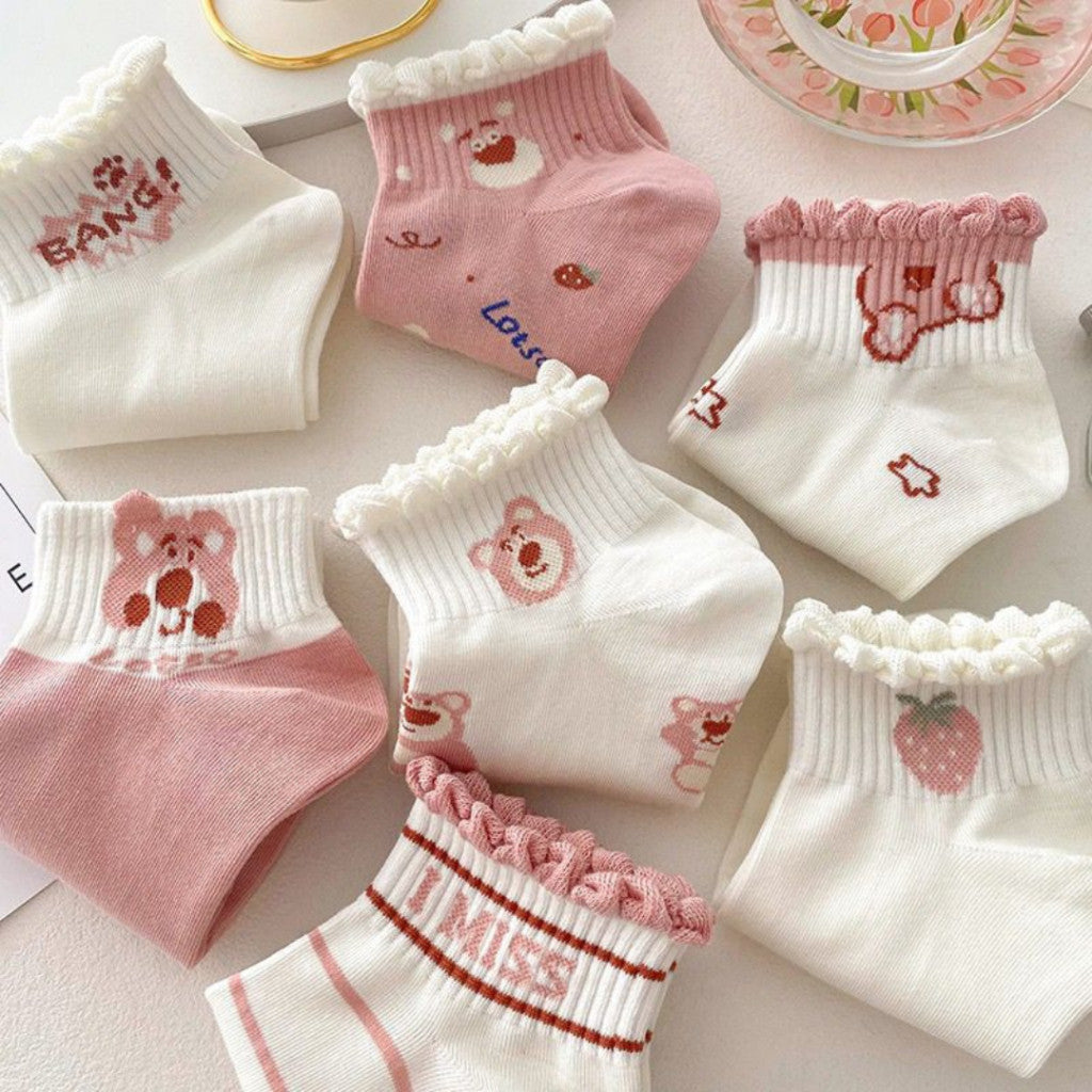 [littlecrab] Kaos Kaki Pendek Lotso Beruang Pink Unik Lucu Cute Short Socks White Full Pattern
