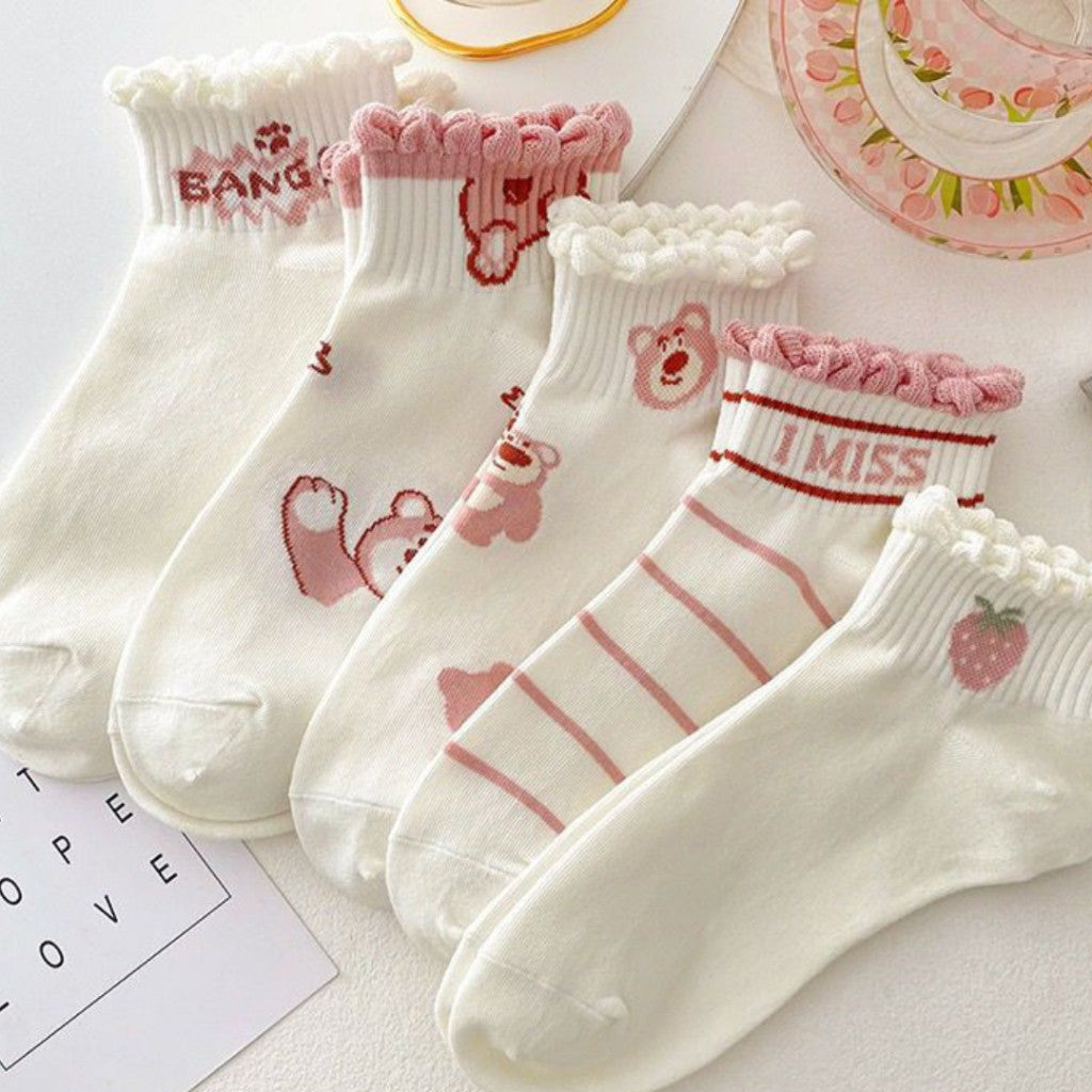 [littlecrab] Kaos Kaki Pendek Lotso Beruang Pink Unik Lucu Cute Short Socks White Full Pattern