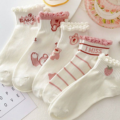 [littlecrab] Kaos Kaki Pendek Lotso Beruang Pink Unik Lucu Cute Short Socks White Full Pattern