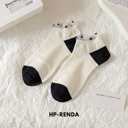 [littlecrab] Kaos Kaki Hitam Putih Pita Pendek Simple Aesthetic Renda Black White Sock Nice Rajut