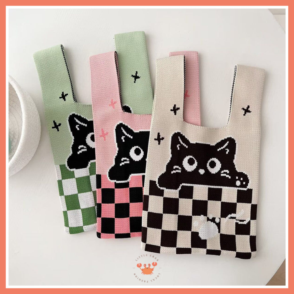 [littlecrab] Tas Rajut Motif Panda Kucing Warna Soft Pastel Lucu Unik Knit Bag Knot Mini Totebag