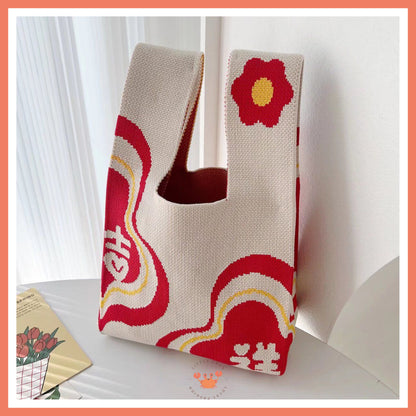 [littlecrab] Tas Rajut Shuang Xi Ji Xiang Ru Yi Merah Cream Knit Bag Mini Tote Bag Knot Buffalow Unik