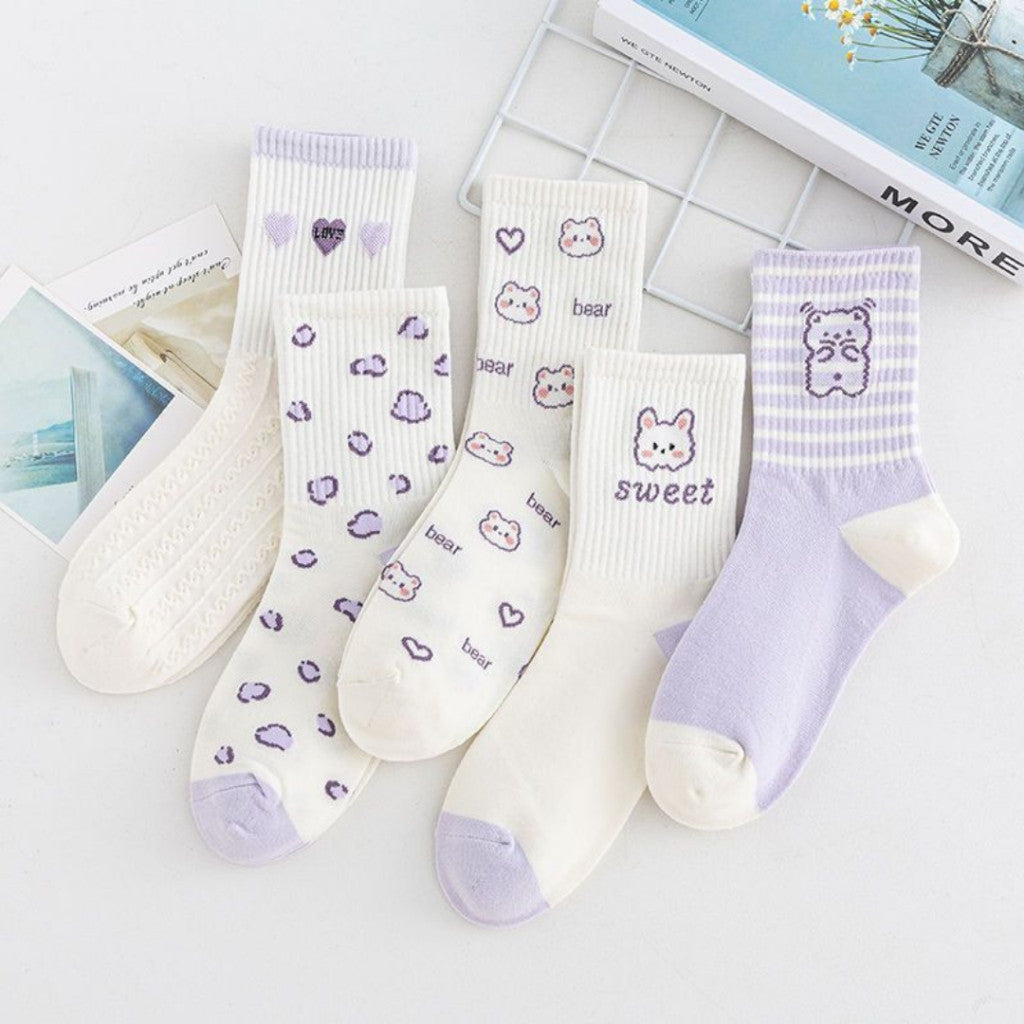 [littlecrab] Kaos Kaki Panjang Lilac Beruang Ungu Putih Unik Lucu Berkualitas Long Socks Aesthetic