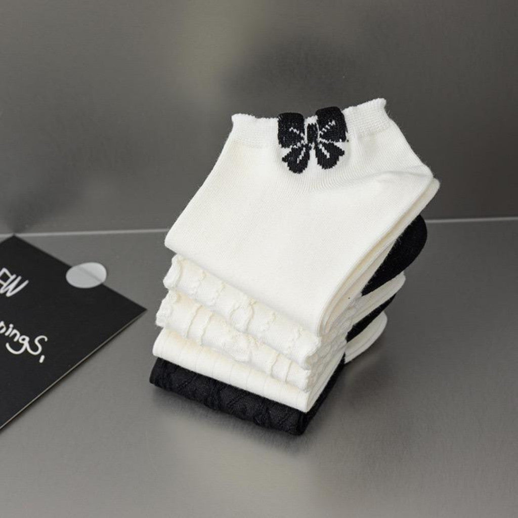 [littlecrab] Kaos Kaki Hitam Putih Pita Pendek Simple Aesthetic Renda Black White Sock Nice Rajut