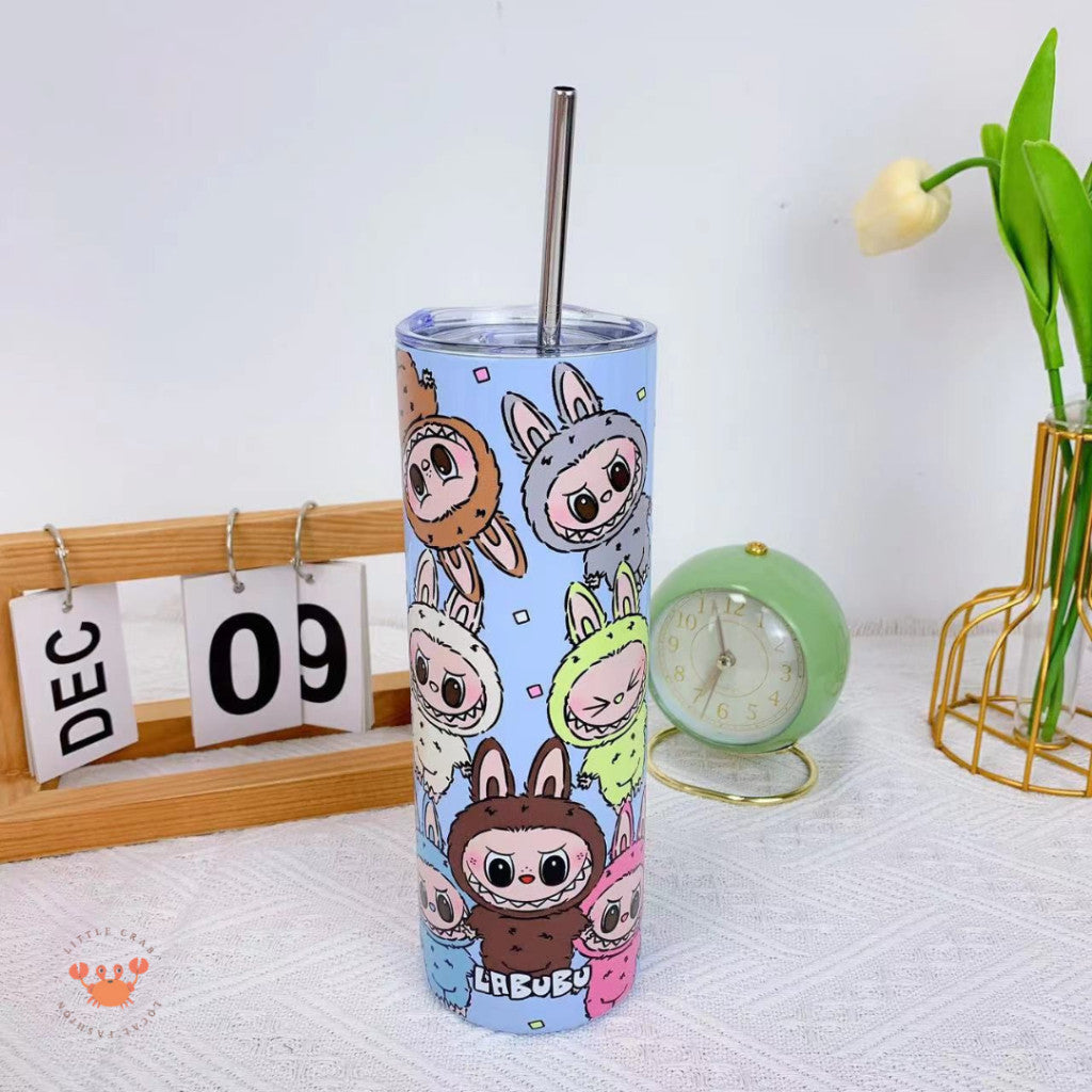 [littlecrab] Tumbler Labubu Termos Cafe Sedotan High Quality Stainless Steel Tahan Panas Dingin 600ml Botol Air Minum Tabung Tumblr Tutup Slide Transparan