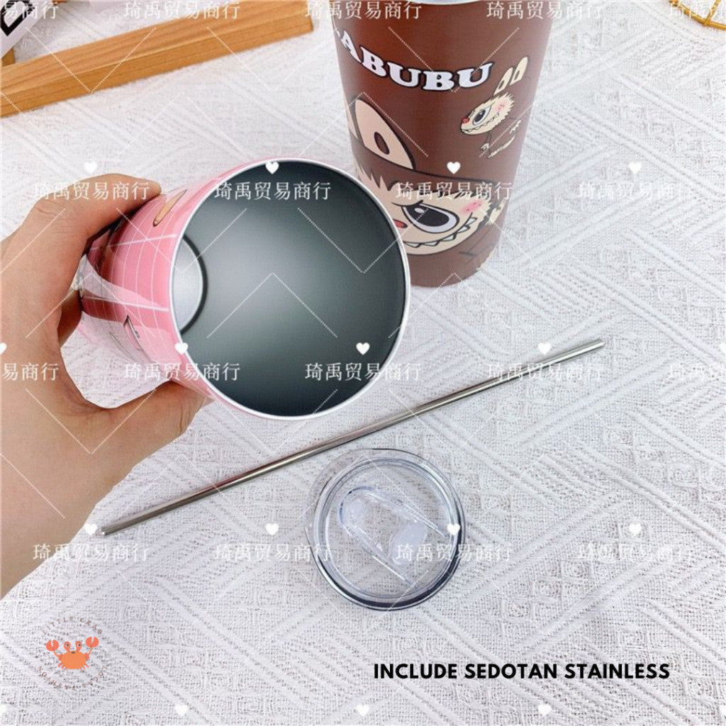 [littlecrab] Tumbler Labubu Termos Cafe Sedotan High Quality Stainless Steel Tahan Panas Dingin 600ml Botol Air Minum Tabung Tumblr Tutup Slide Transparan