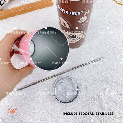 [littlecrab] Tumbler Labubu Termos Cafe Sedotan High Quality Stainless Steel Tahan Panas Dingin 600ml Botol Air Minum Tabung Tumblr Tutup Slide Transparan