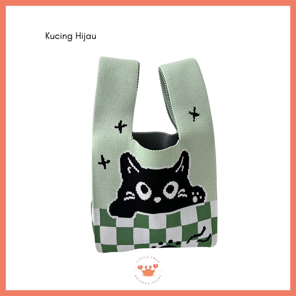 [littlecrab] Tas Rajut Motif Panda Kucing Warna Soft Pastel Lucu Unik Knit Bag Knot Mini Totebag