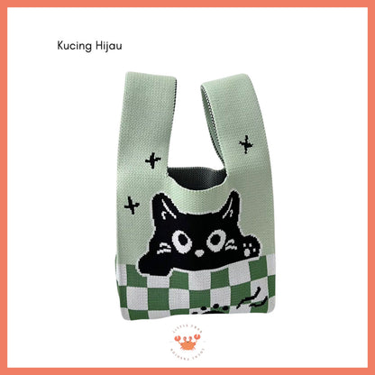 [littlecrab] Tas Rajut Motif Panda Kucing Warna Soft Pastel Lucu Unik Knit Bag Knot Mini Totebag