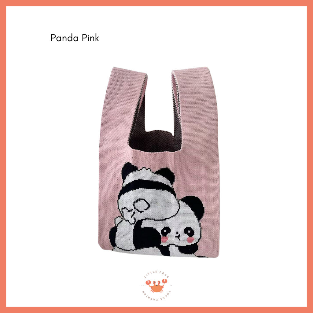 [littlecrab] Tas Rajut Motif Panda Kucing Warna Soft Pastel Lucu Unik Knit Bag Knot Mini Totebag