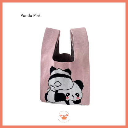 [littlecrab] Tas Rajut Motif Panda Kucing Warna Soft Pastel Lucu Unik Knit Bag Knot Mini Totebag