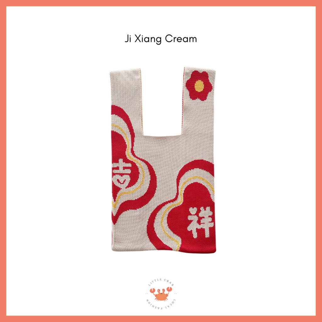 [littlecrab] Tas Rajut Shuang Xi Ji Xiang Ru Yi Merah Cream Knit Bag Mini Tote Bag Knot Buffalow Unik
