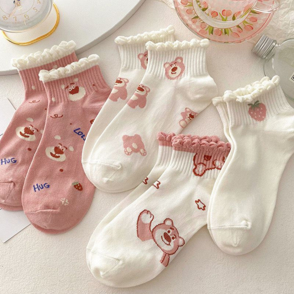 [littlecrab] Kaos Kaki Pendek Lotso Beruang Pink Unik Lucu Cute Short Socks White Full Pattern