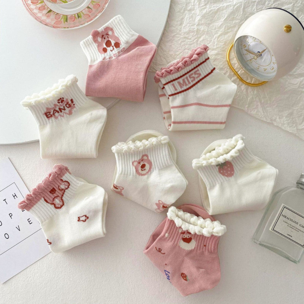[littlecrab] Kaos Kaki Pendek Lotso Beruang Pink Unik Lucu Cute Short Socks White Full Pattern