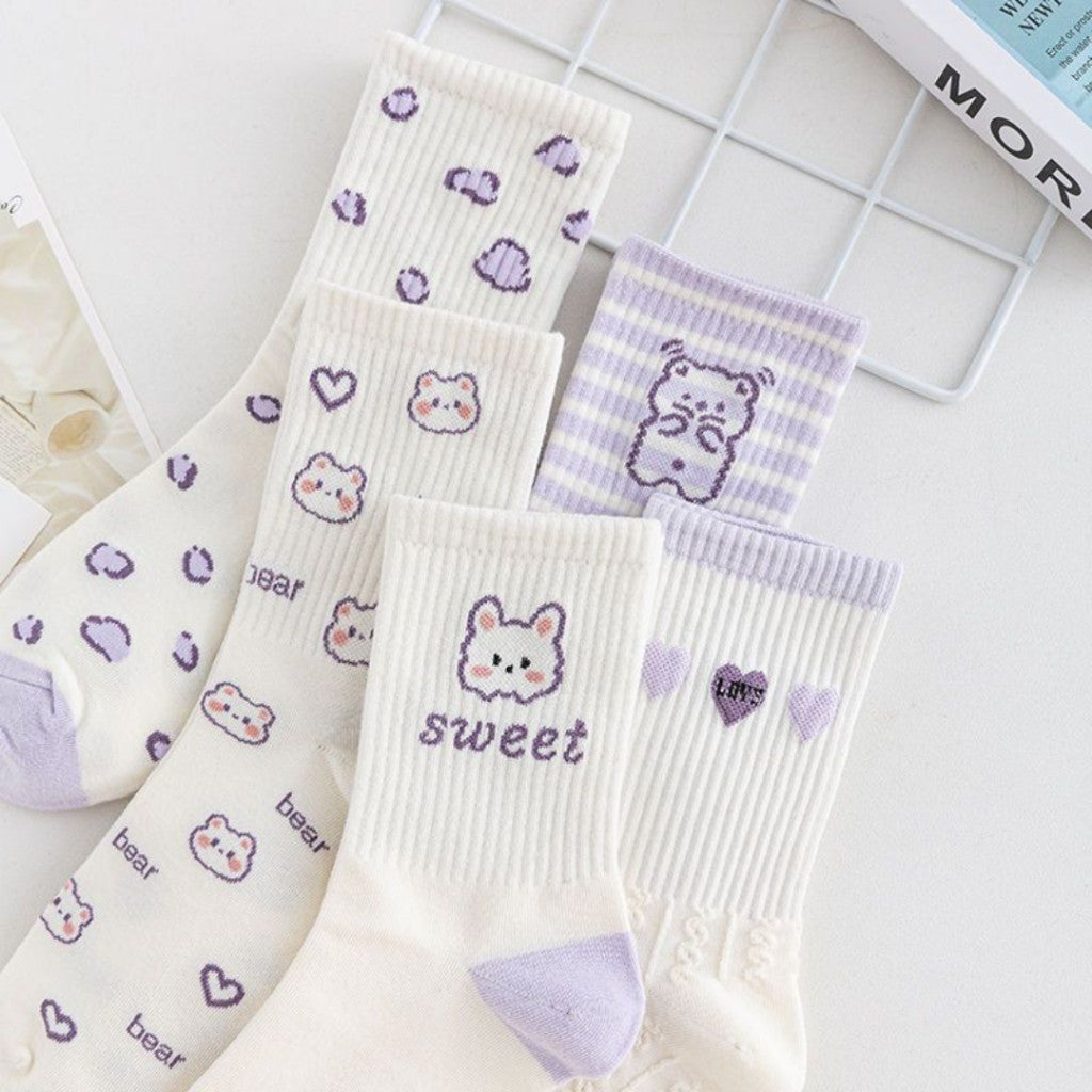 [littlecrab] Kaos Kaki Panjang Lilac Beruang Ungu Putih Unik Lucu Berkualitas Long Socks Aesthetic