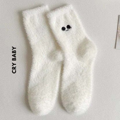 [littlecrab] Kaos Kaki Bulu Bahan Tebal Putih Aesthetic Simple Elegan Emoji Fluffy Socks Berkualitas