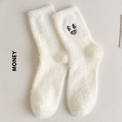 [littlecrab] Kaos Kaki Bulu Bahan Tebal Putih Aesthetic Simple Elegan Emoji Fluffy Socks Berkualitas