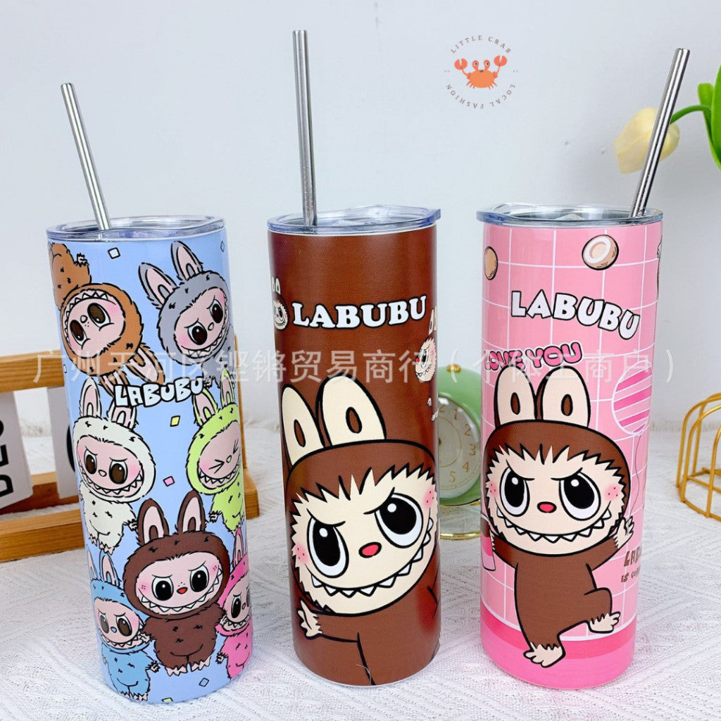 [littlecrab] Tumbler Labubu Termos Cafe Sedotan High Quality Stainless Steel Tahan Panas Dingin 600ml Botol Air Minum Tabung Tumblr Tutup Slide Transparan