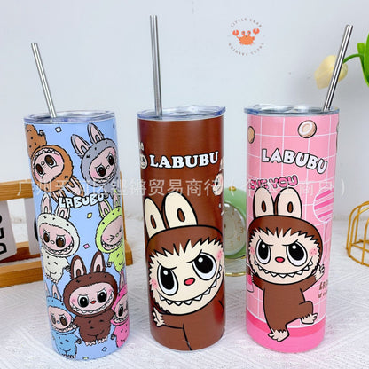 [littlecrab] Tumbler Labubu Termos Cafe Sedotan High Quality Stainless Steel Tahan Panas Dingin 600ml Botol Air Minum Tabung Tumblr Tutup Slide Transparan