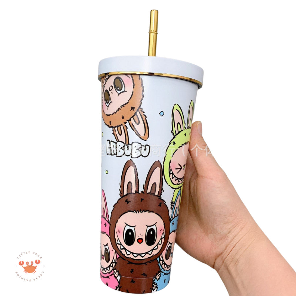 [littlecrab] Tumbler Labubu Termos Cafe Sedotan High Quality Stainless Steel Tahan Panas Dingin 750ml Botol Air Minum Tumblr