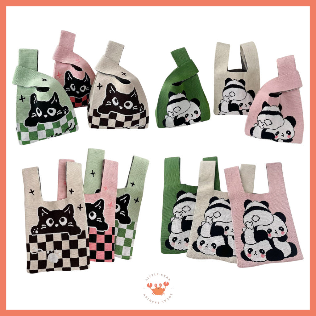 [littlecrab] Tas Rajut Motif Panda Kucing Warna Soft Pastel Lucu Unik Knit Bag Knot Mini Totebag