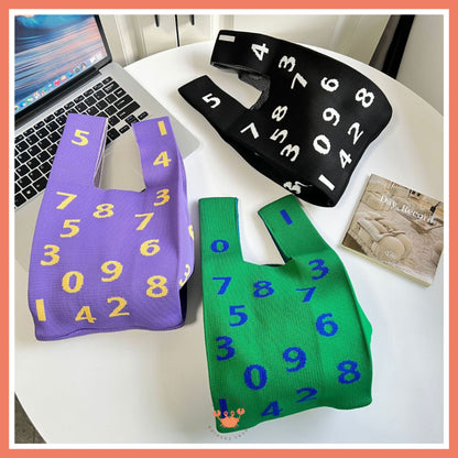 [littlecrab] Tas Rajut Buffalow Bangkok Motif Angka Hijau Ungu Hitam Irregular Knit Totebag Premium